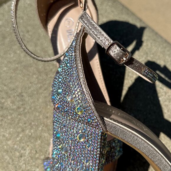 New Bling Gold Rhinestone Crystal Open Toe Dress Sandals Ankle Strap Block Heel - Picture 5 of 5